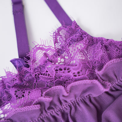 Purple Lace Embroidered Stockings Bra Panty Set