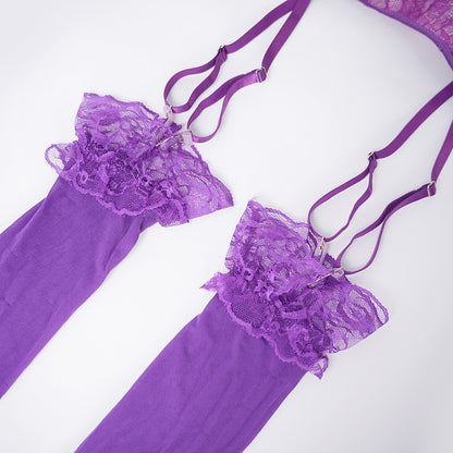Purple Lace Embroidered Stockings Bra Panty Set
