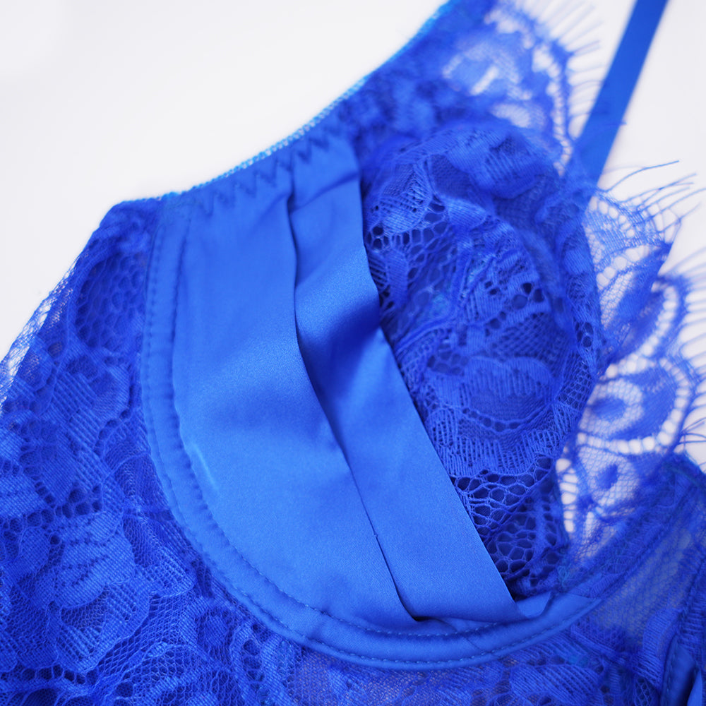 Blue Lace Floral Embroidered Bodysuit