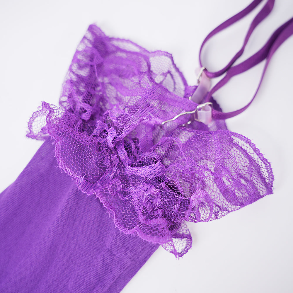 Purple Lace Embroidered Stockings Bra Panty Set