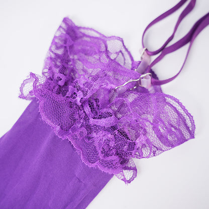 Purple Lace Embroidered Stockings Bra Panty Set