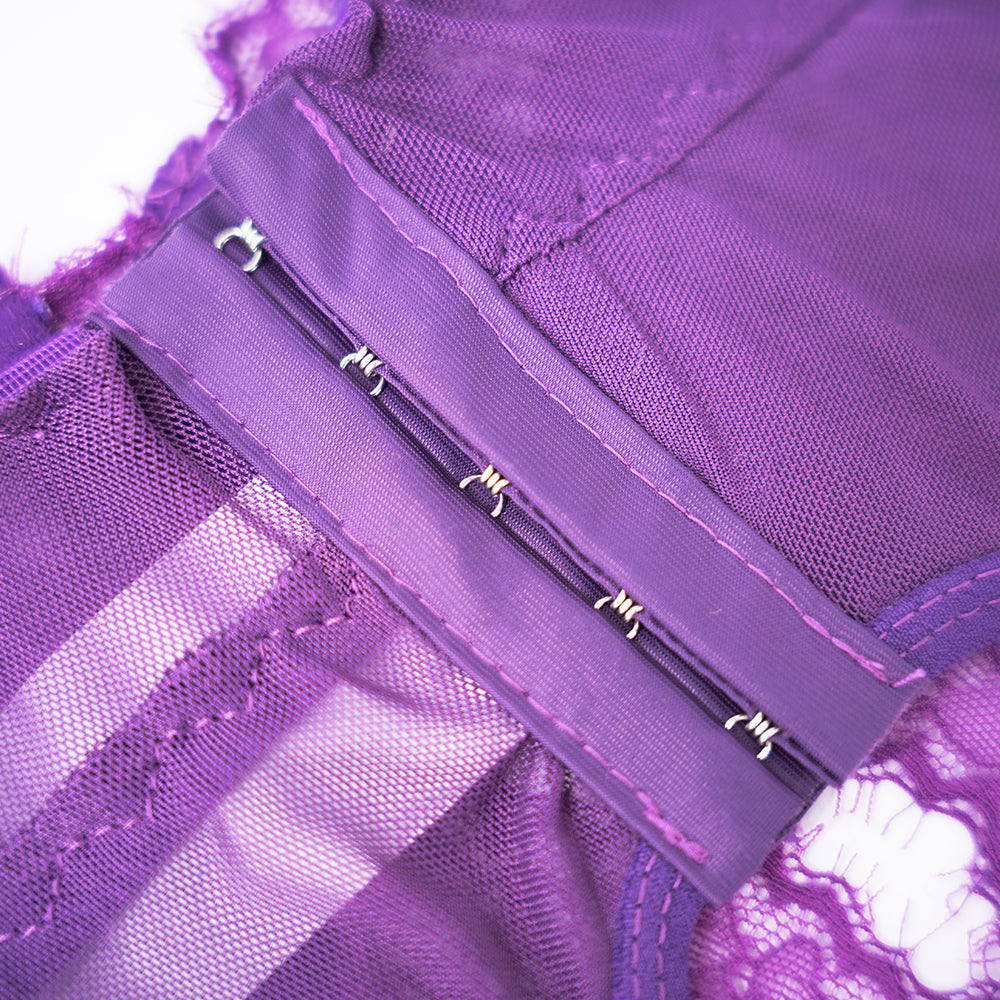 Purple Lace Embroidered Stockings Bra Panty Set