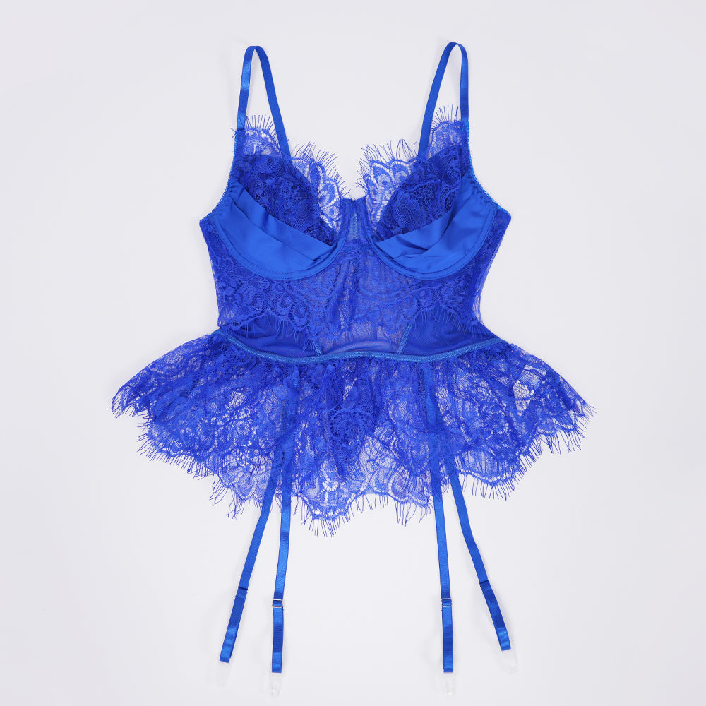 Blue Lace Floral Embroidered Bodysuit