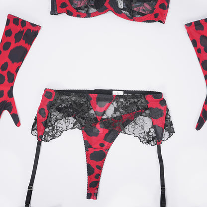 Leopard Print Embroidered Bra Panty Set