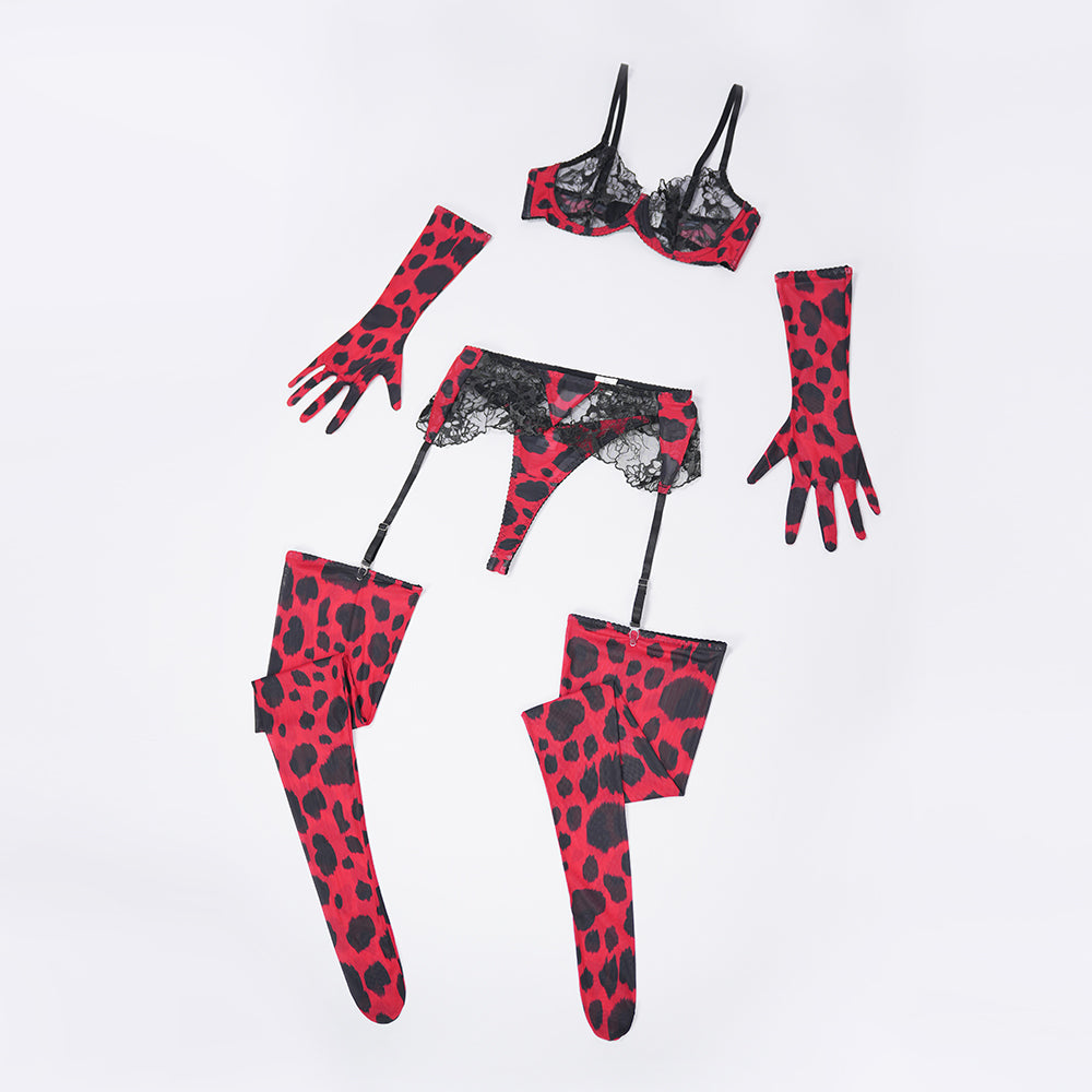 Leopard Print Embroidered Bra Panty Set