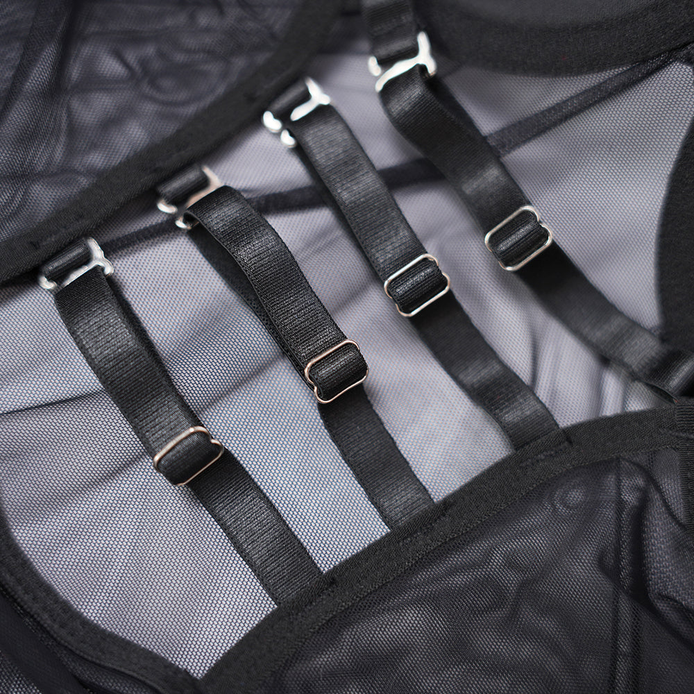 Black Sheer Mesh Bodysuit Dress Set