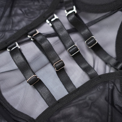 Black Sheer Mesh Bodysuit Dress Set