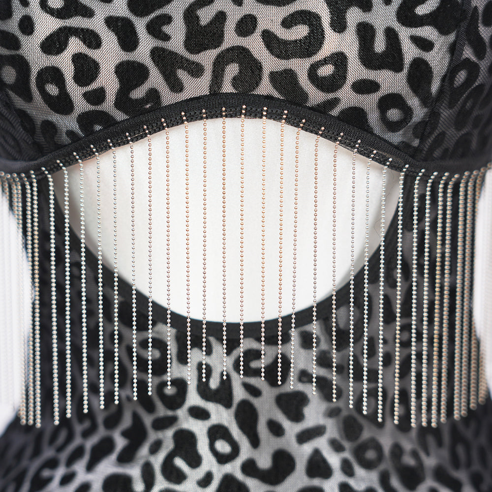 Leopard Print Fringe Daring Cutout Bodysuit