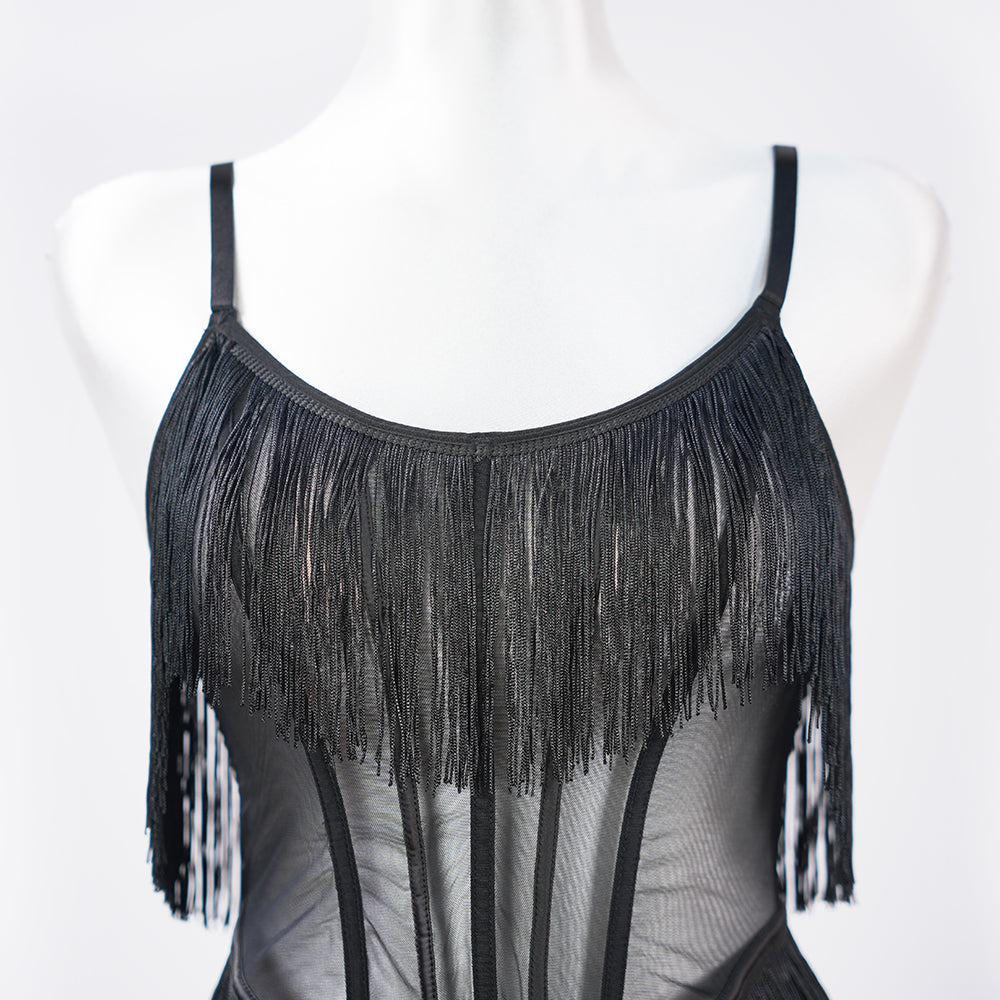 Black Sheer Fringe Corset Panty Set