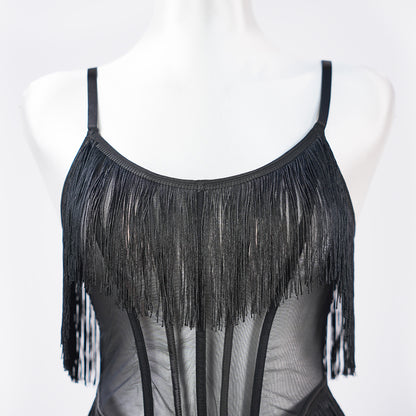 Black Sheer Fringe Corset Panty Set