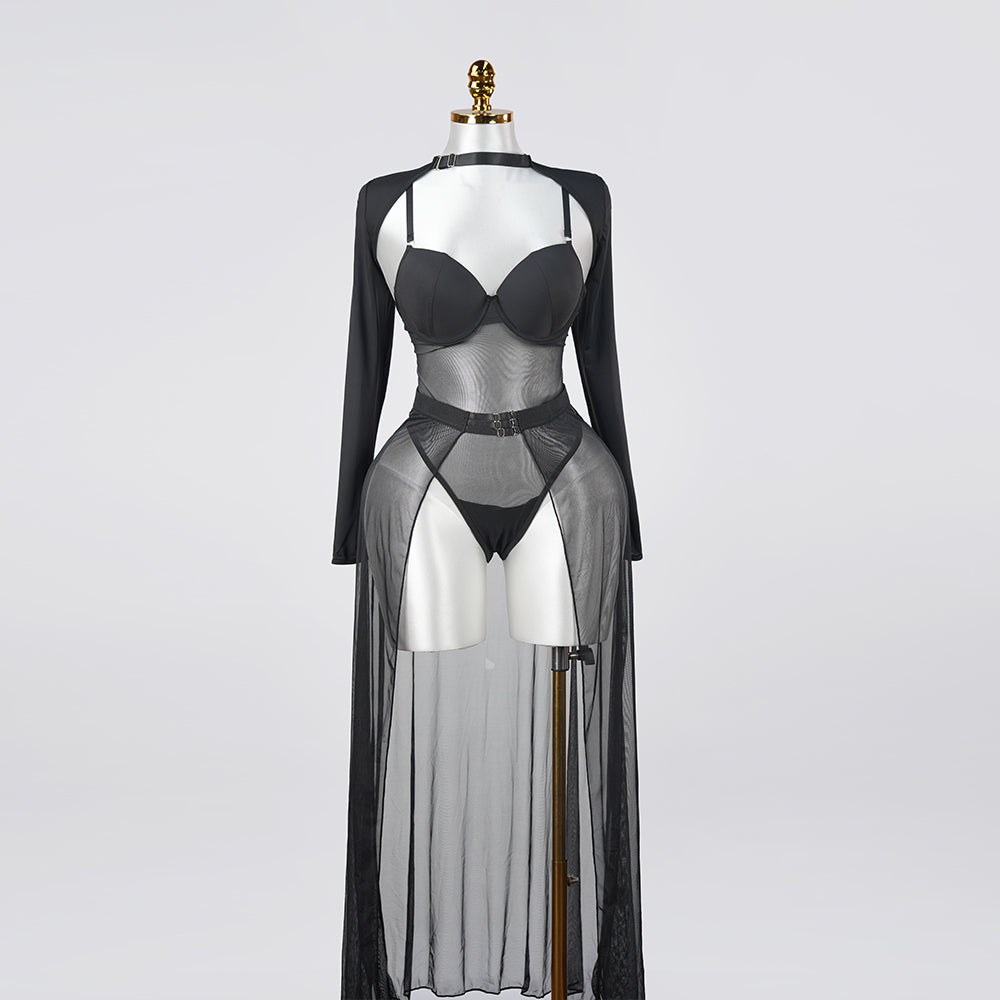 Black Sheer Mesh Bodysuit Dress Set