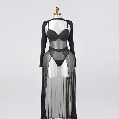 Black Sheer Mesh Bodysuit Dress Set