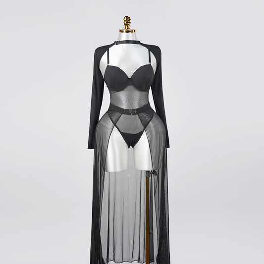 Black Sheer Mesh Bodysuit Dress Set