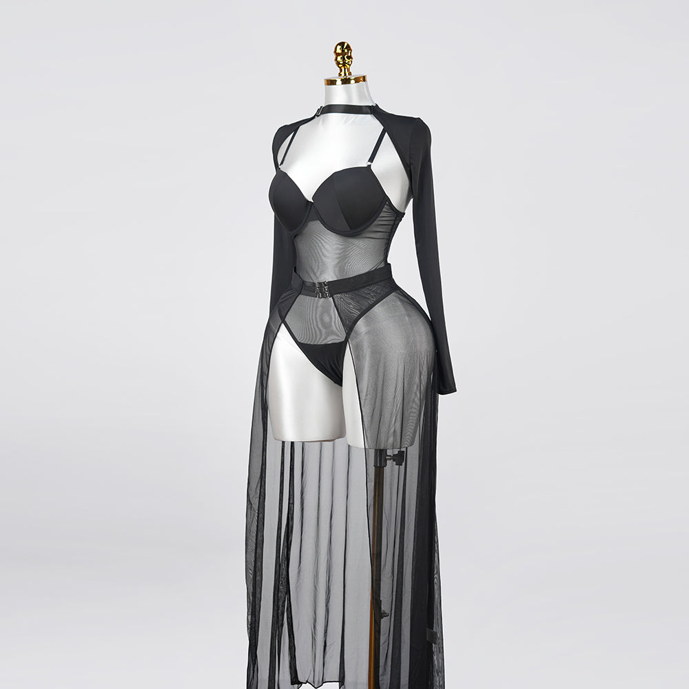 Black Sheer Mesh Bodysuit Dress Set