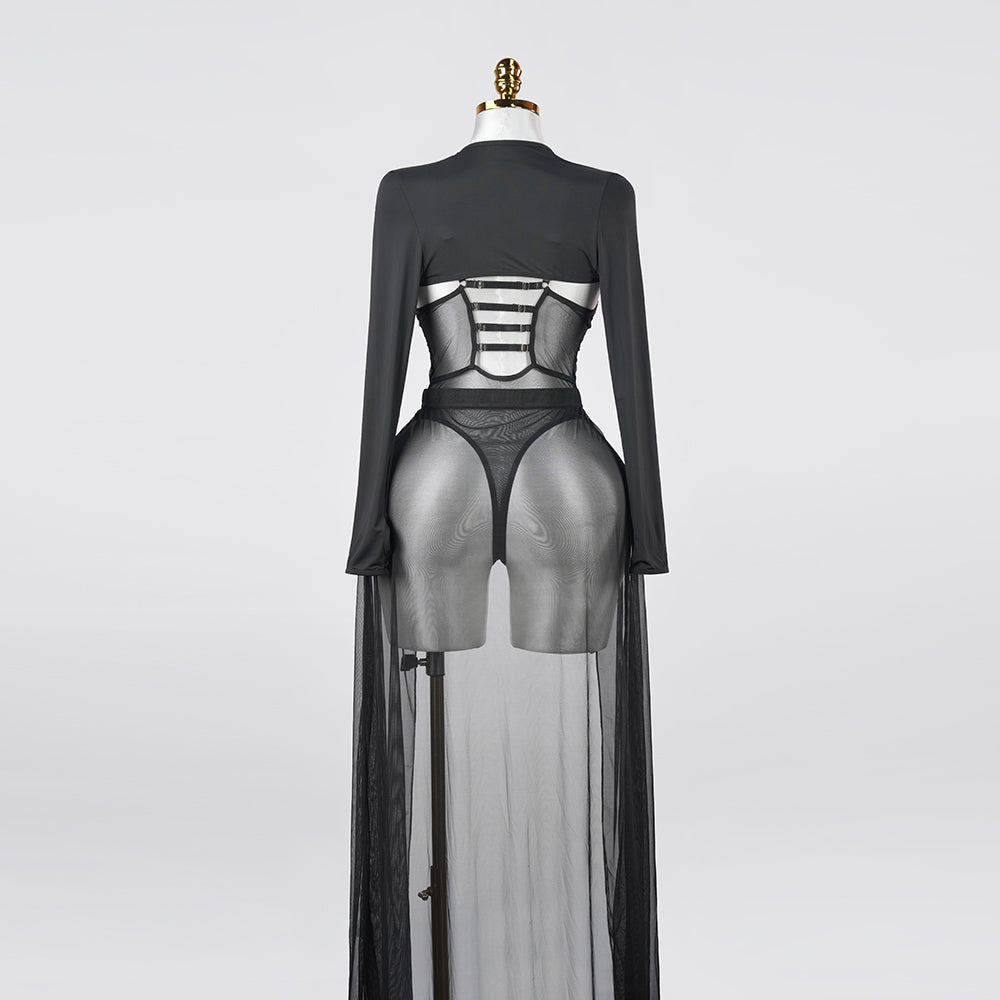 Black Sheer Mesh Bodysuit Dress Set