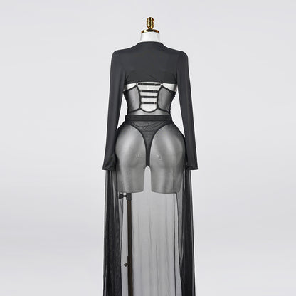 Black Sheer Mesh Bodysuit Dress Set