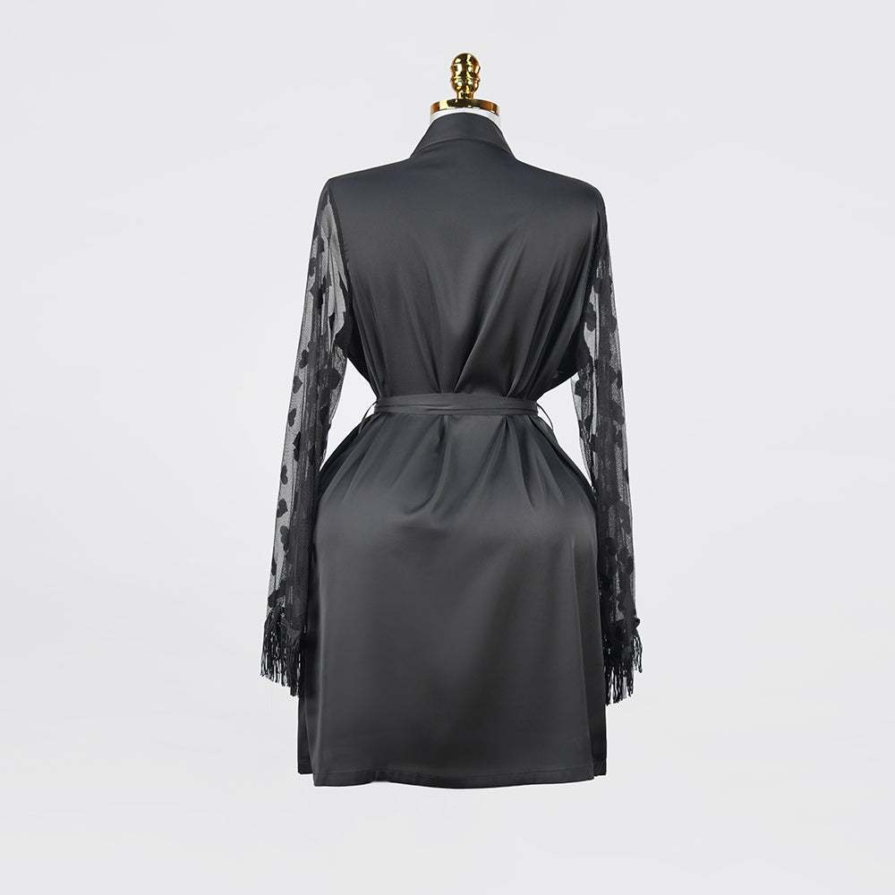 Luxurious Silk Lace Trimmed Kimono Robe