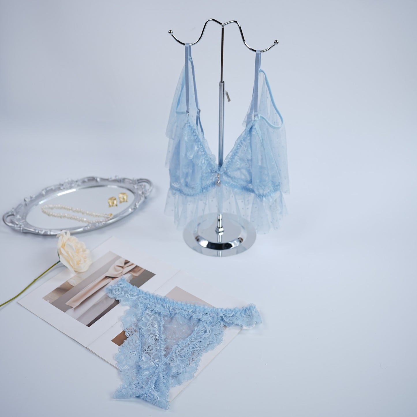 Vintage Polka Dot Light Blue Lace Bra & Panty Sets