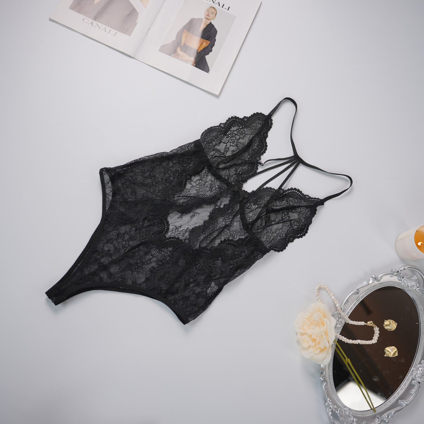 Black Lace Mesh See-Through Bodysuit