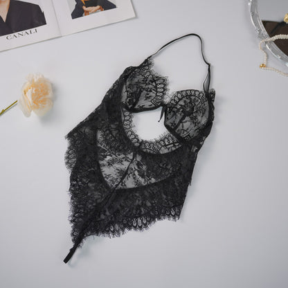 Black Floral Lace Embroidery See-through Bodysuit