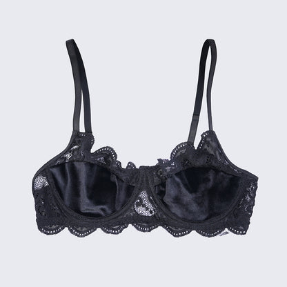 Velvet Lace Trim Sexy Plush See Through Push Up Bra Panty Set