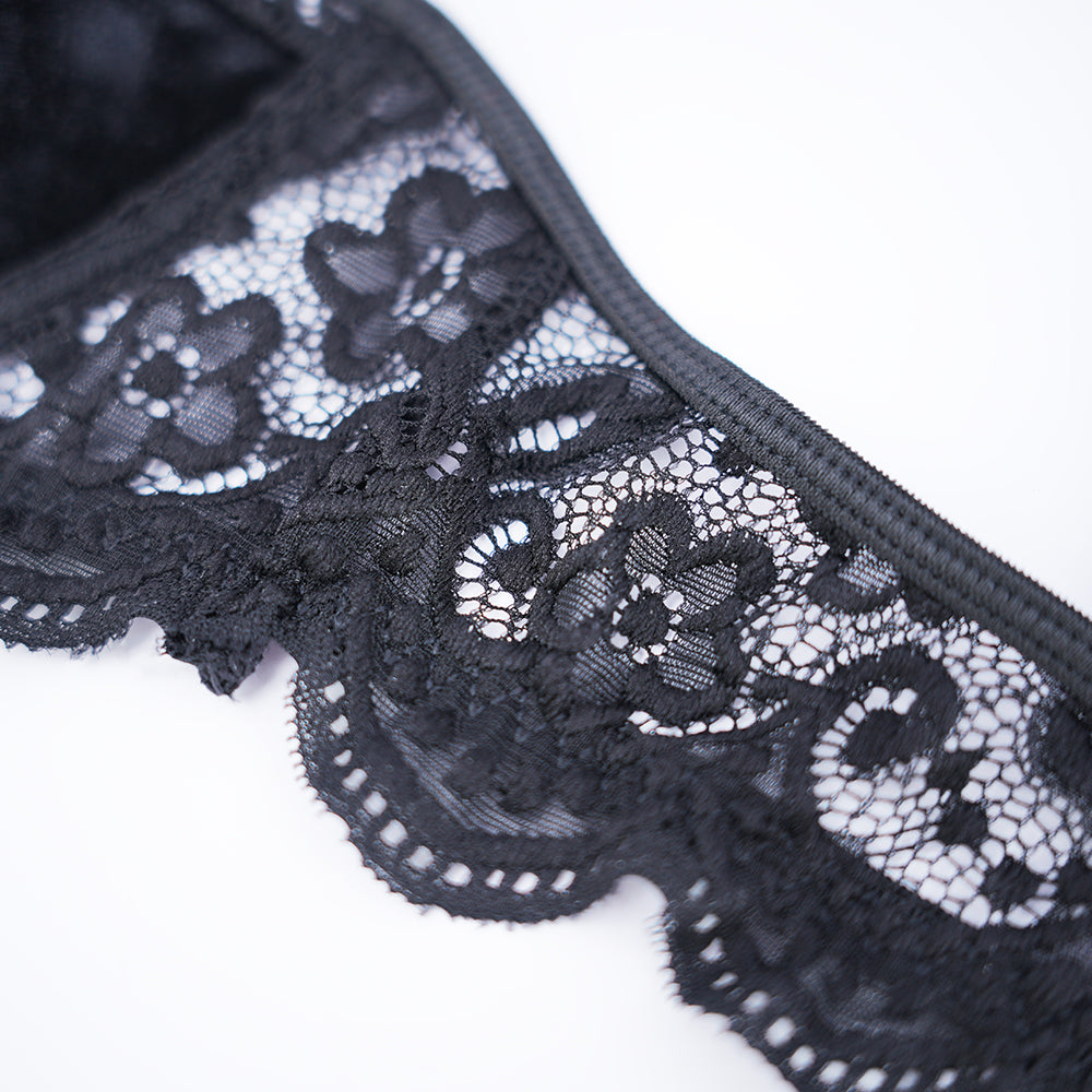 Velvet Lace Trim Sexy Plush See Through Push Up Bra Panty Set