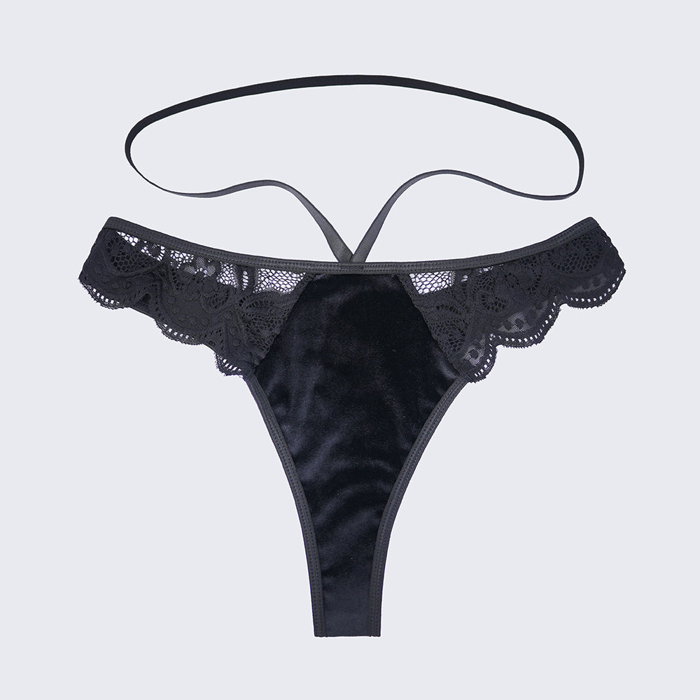 Velvet Lace Trim Sexy Plush See Through Push Up Bra Panty Set