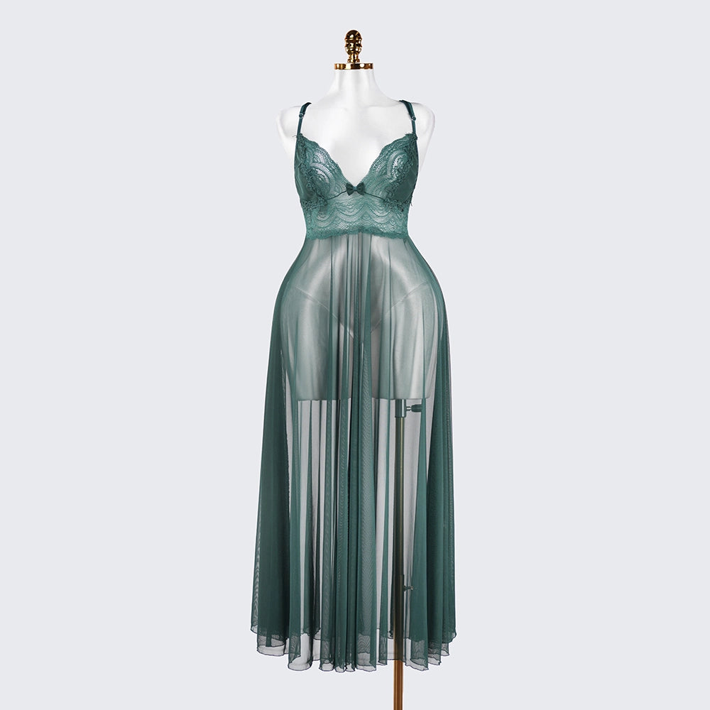 Sheer Embroidered Cutout Long Dress Fine Mesh Lingerie