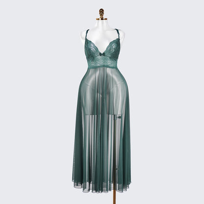 Sheer Embroidered Cutout Long Dress Fine Mesh Lingerie
