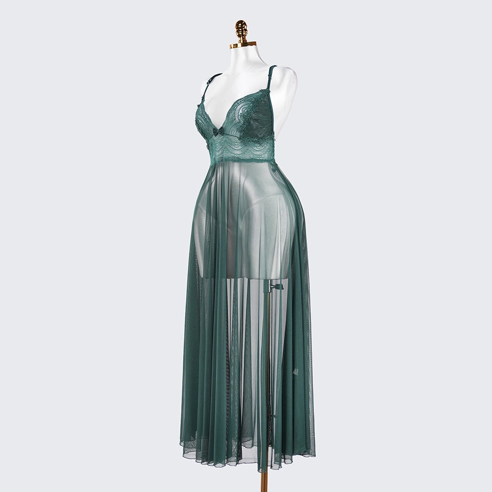 Sheer Embroidered Cutout Long Dress Fine Mesh Lingerie