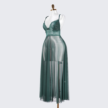 Sheer Embroidered Cutout Long Dress Fine Mesh Lingerie