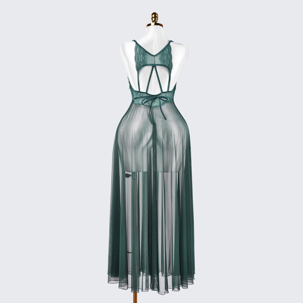 Sheer Embroidered Cutout Long Dress Fine Mesh Lingerie