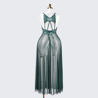 Sheer Embroidered Cutout Long Dress Fine Mesh Lingerie