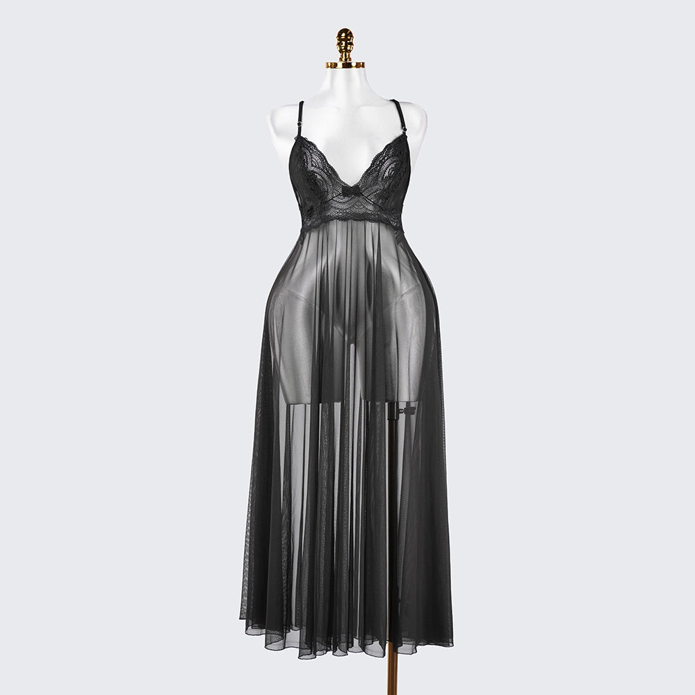 Sheer Embroidered Cutout Long Dress Fine Mesh Lingerie