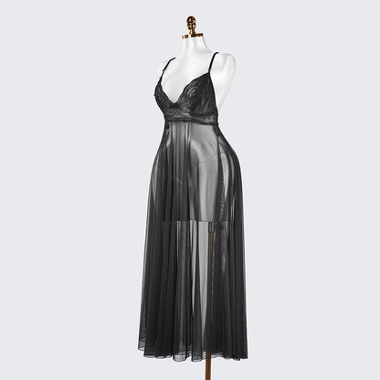 Sheer Embroidered Cutout Long Dress Fine Mesh Lingerie