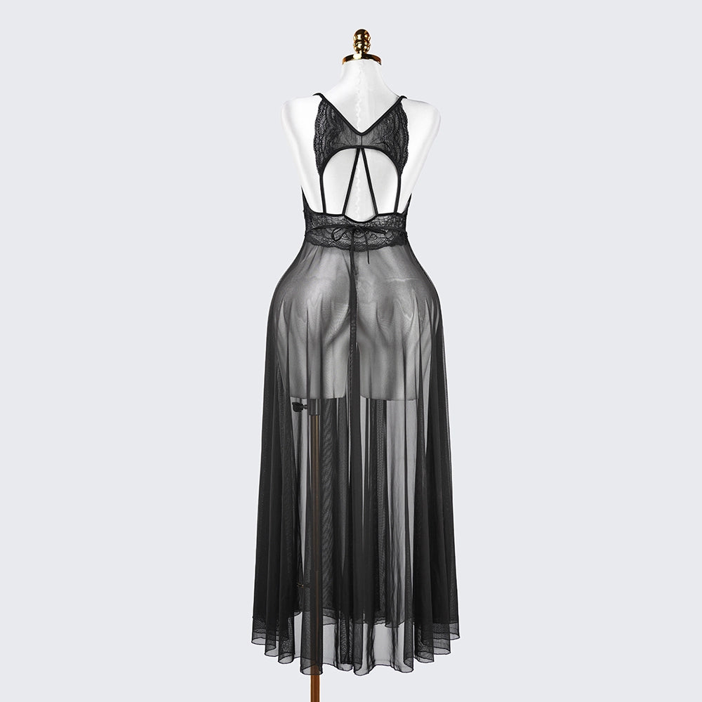 Sheer Embroidered Cutout Long Dress Fine Mesh Lingerie