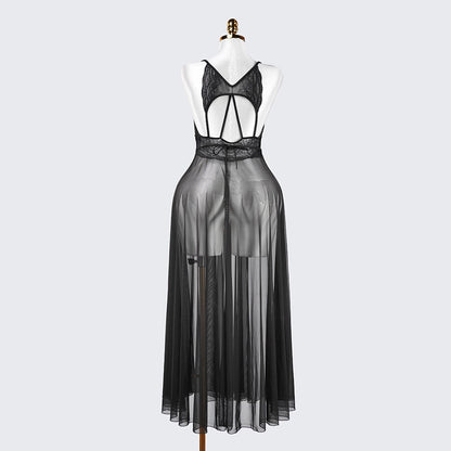 Sheer Embroidered Cutout Long Dress Fine Mesh Lingerie