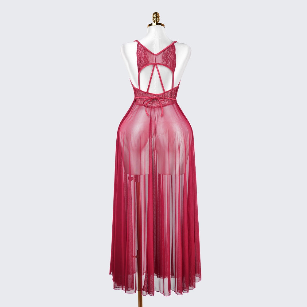 Sheer Embroidered Cutout Long Dress Fine Mesh Lingerie