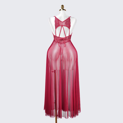 Sheer Embroidered Cutout Long Dress Fine Mesh Lingerie