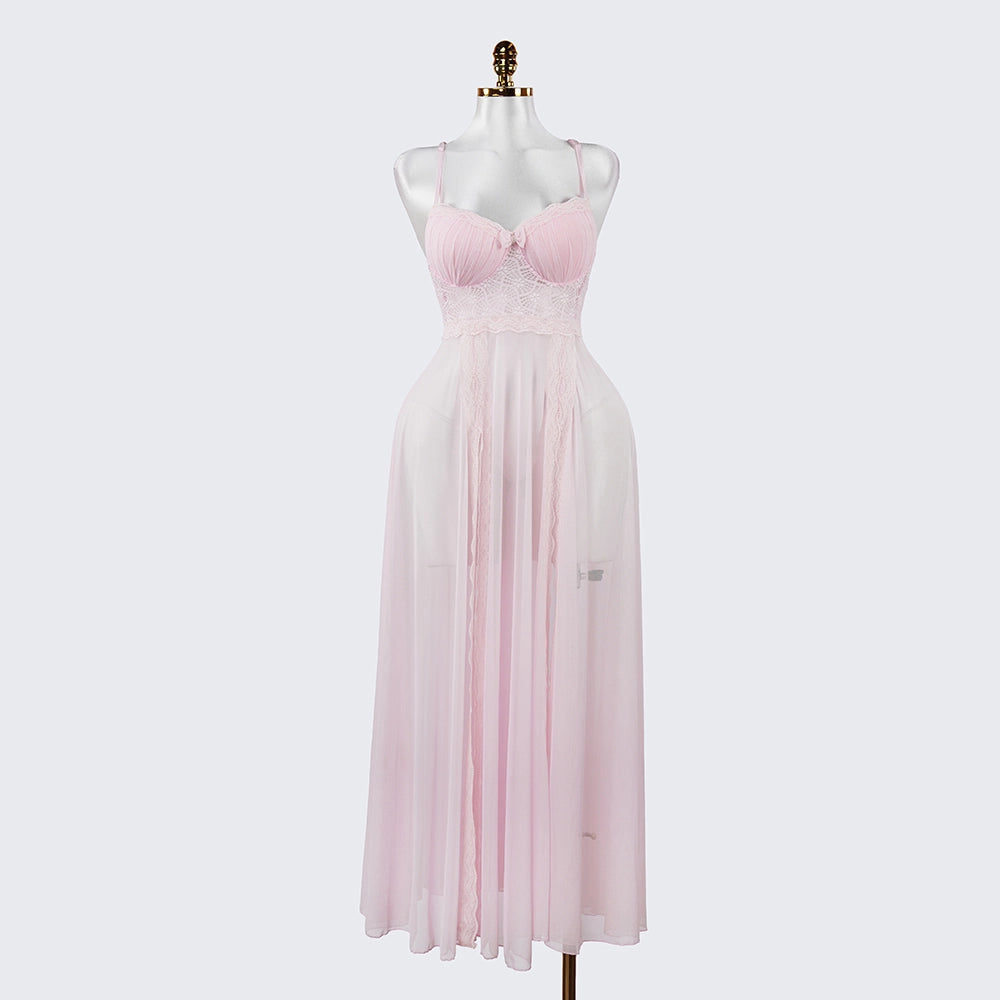 Elegant Seductive Mesh Embroidered Spaghetti Strap Long Dress