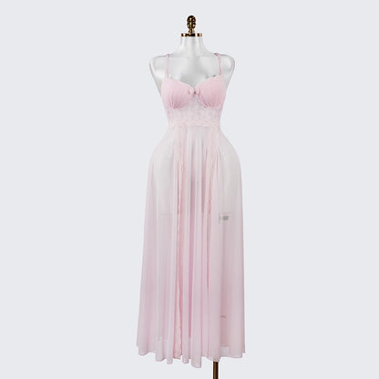 Elegant Seductive Mesh Embroidered Spaghetti Strap Long Dress
