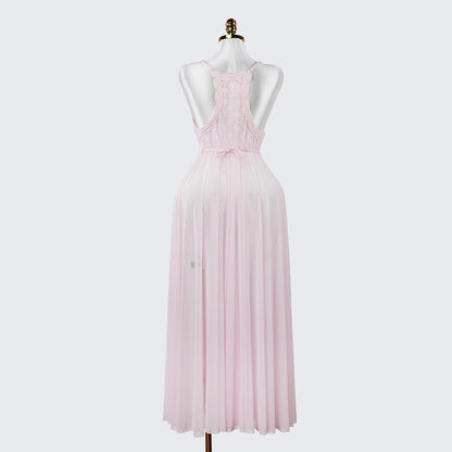 Elegant Seductive Mesh Embroidered Spaghetti Strap Long Dress