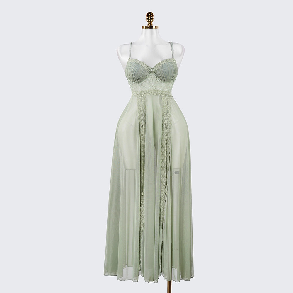Elegant Seductive Mesh Embroidered Spaghetti Strap Long Dress