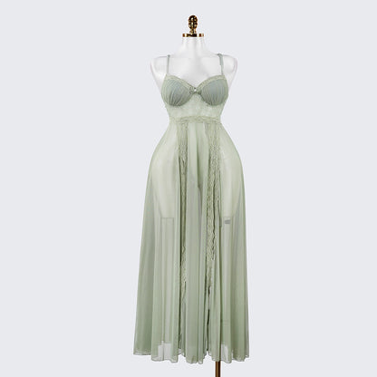 Elegant Seductive Mesh Embroidered Spaghetti Strap Long Dress