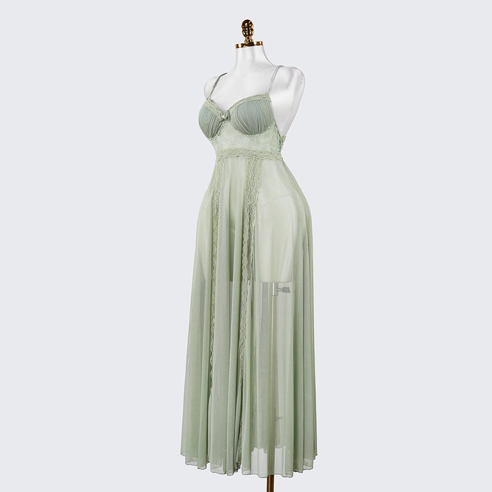 Elegant Seductive Mesh Embroidered Spaghetti Strap Long Dress