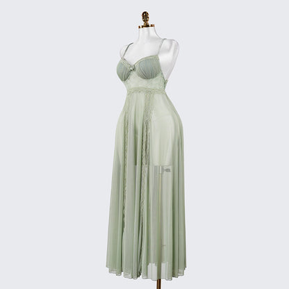 Elegant Seductive Mesh Embroidered Spaghetti Strap Long Dress