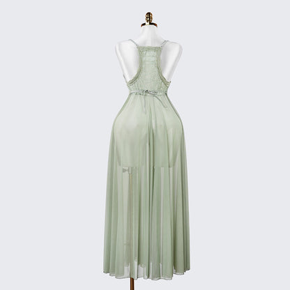 Elegant Seductive Mesh Embroidered Spaghetti Strap Long Dress