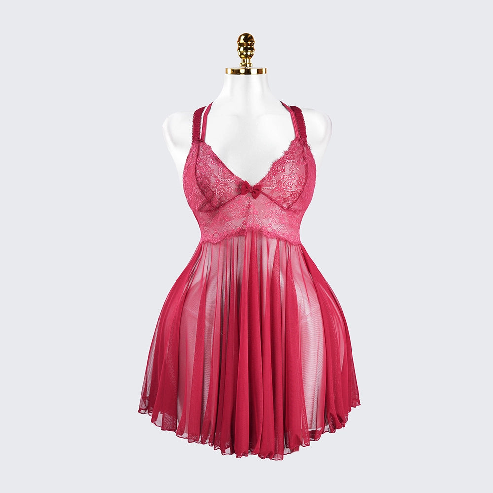 Sheer Fine Mesh Embroidered Babydoll Spaghetti Strap Lingerie