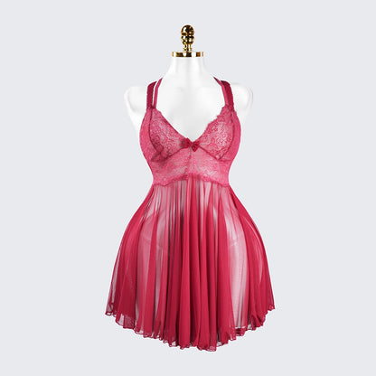 Sheer Fine Mesh Embroidered Babydoll Spaghetti Strap Lingerie