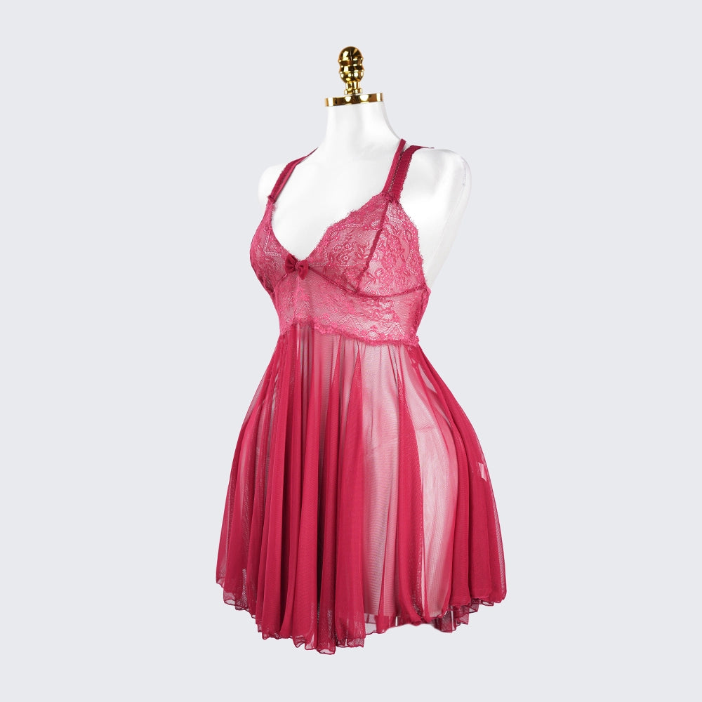 Sheer Fine Mesh Embroidered Babydoll Spaghetti Strap Lingerie